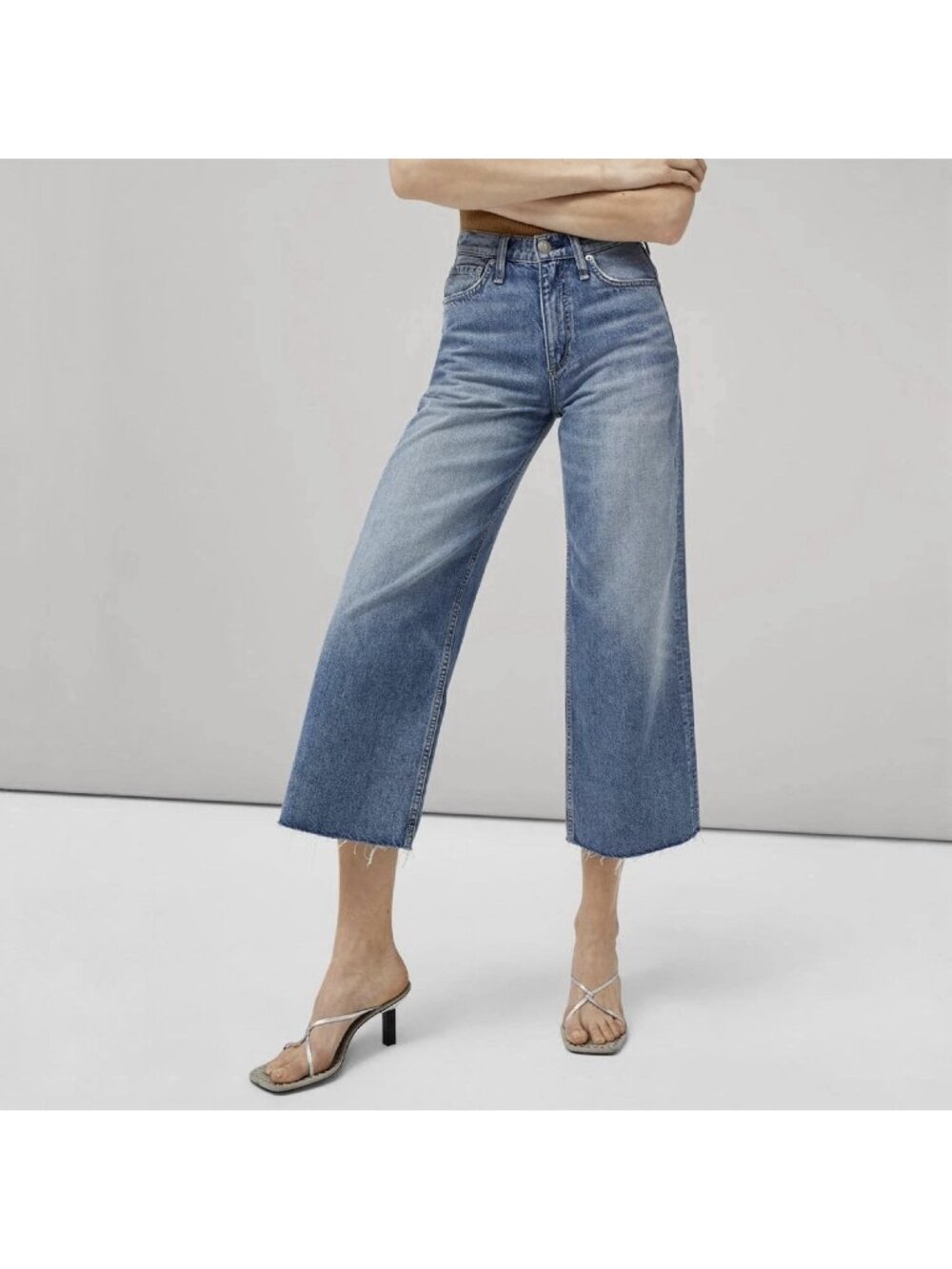 Rag & Bone Andi High-Rise Ankle Wide Leg Jeans Raw Hem Quinn Blue Women’s Sz 25